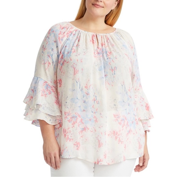 CHAPS Floral Pattern Flutter Ruffle Sleeves Boho Plus Size Blouse PNK/WHT SZ 3X - Picture 6 of 8